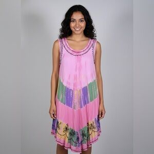 Vtg Pink Multicolour Tie Dye Dress Black Embroidery P2P 22-24” Minor Flaws